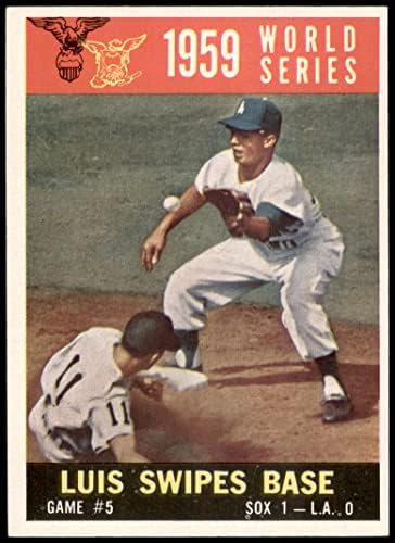 1960. Topps 389 1959 World Series - Igra 5 - Luis Swipes Base Luis Aparicio Los Angeles/Chicago Dodgers/White Sox Ex