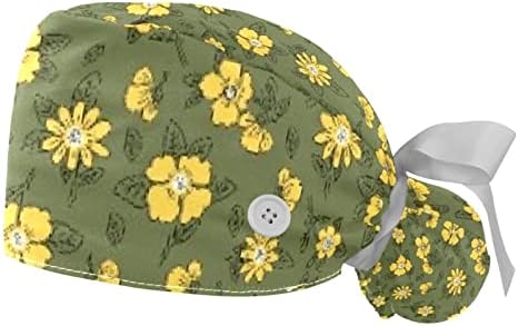 2 komada Bouffant poklopac s gumbom torbicu za konjski rep, pamuk koji radi na šeširu, podesive kirurške kapice svježe cvjetne