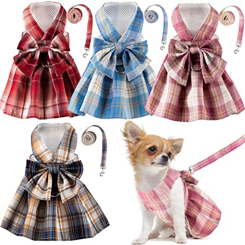 + 4 kom karirana haljina za pse leptir mašna remen uzica komplet remena haljina za male pse slatki pas kućni ljubimac djevojčica