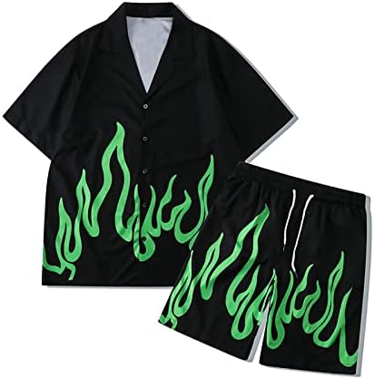 Rayuwen muškarci Havajske košulje i kratke hlače postavljene hip hop ulične odjeće ljeto 2 komada odjeća zeleni plamen print