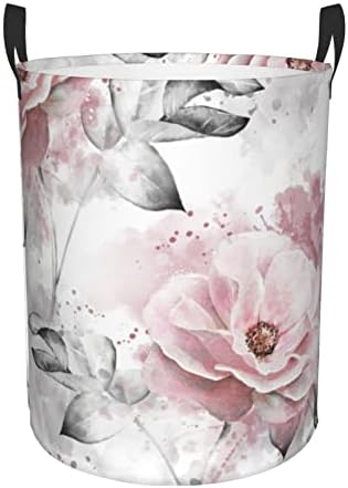 Ružičasto cvijeće i lišće na sivom tisku velika košara za rublje s ručkom sklopiva vodootporna košara za rublje za spavaću