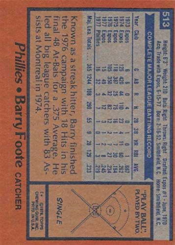 1978. Topps 513 Barry Foote Philadelphia Phillies MLB bejzbol kartica ex izvrsno