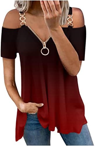 Ženski vrhovi modni kratki rukavi seksi hladne košulje za rame povremene majice, labava fit ombre tunika s patentnim zatvaračem