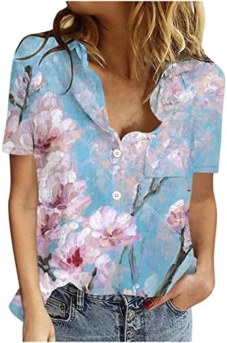 Ženski ljetni vrhovi v vrat labavi fits vrhovi Udobno pamučno laneno cvjetni print bluza bluze moda 2023