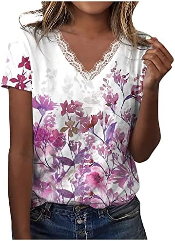 Ljetne cvjetne tiskane majice za žene v vrat crochet čipkasti vrhovi bluza kratkih rukava labava ležerna seksi majica majice