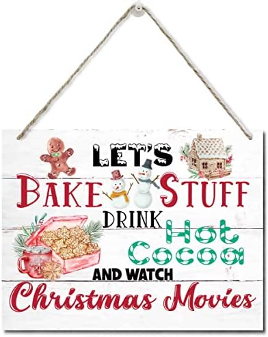 Sretan božićni natpis o drvenim vratima: Pecimo stvari pij vrući kakao i gledamo božićne filmove, Sretan božićni znak, božićni