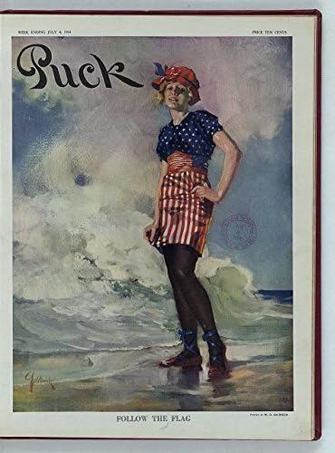 PovijesnaFindings Foto: Fotografija Puck -a, Slijedite zastavu, 1914., lijepa žena, kupaći kostim, plaža, obala