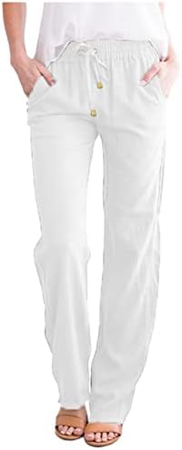 Pamučne lanene hlače Women Summer Harem Capris hlače labave fit plaže joge hlače visoke elastične struke duge hlače s džepovima