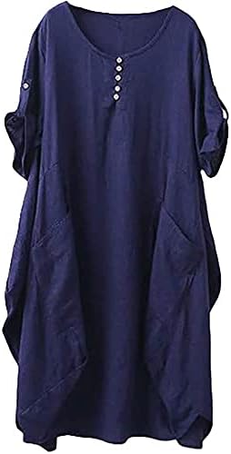 Ženska lanena košulja haljina tunika okrugli vrat kratki rukav labavi harajuku solidne estetske haljine za žene vintage midi