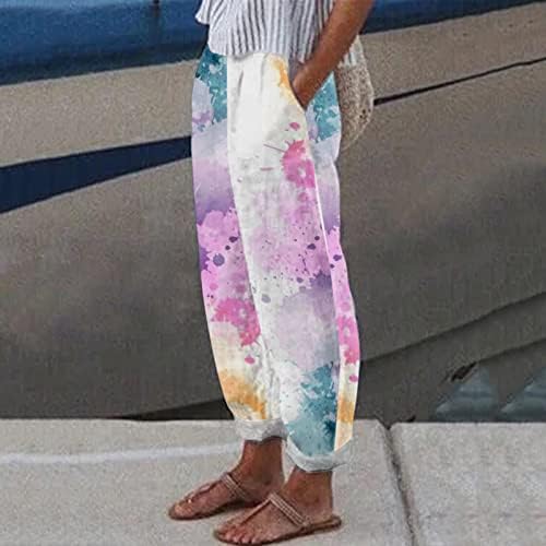 Pamučne lanene Capri hlače, ženske ljetne casual Capri hlače s džepovima, udobne hlače za plažu visokog struka, cvjetne Harem