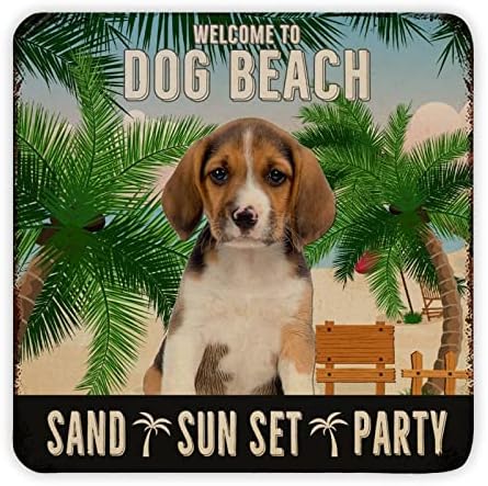 Metalni znak dobrodošli u pse plaže pijesak zalazak sunca zabavni pas dobrodošli znak vintage zidni znak s smiješnim psom