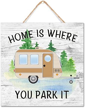 Dom je gdje parkirate it drveni znak 8x8in retro shabby viseći drveni natpis domaćin housewarming darova ideja sretan kamper