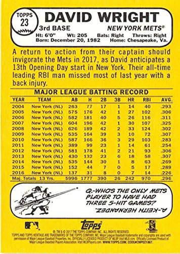 2017 Topps Heritage 23 David Wright New York Mets Baseball Card