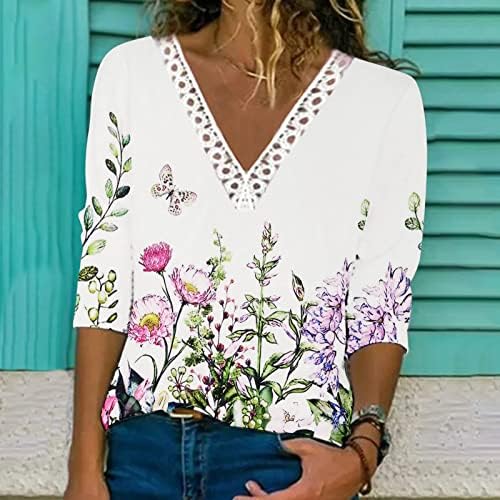 Ženska modna cvjetna tiskana majica v vrat kukičana čipkasta vrhova casual 3/4 rukava bluze 2023 Ljetne košulje