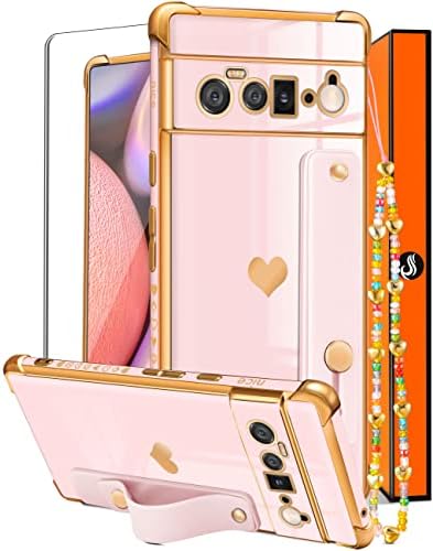 Lakiyami (3in1 za Google Pixel 6 Pro Case 5g Heart For Women Girlly Slatki luksuz Pretty s stajalištima s telefonima ružičasti