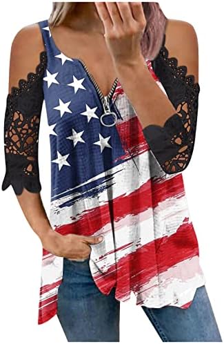 Ženske američke zastave zvijezda prugaste čipke hladne rame majice 4. srpnja Dan neovisnosti labave grafičke košulje
