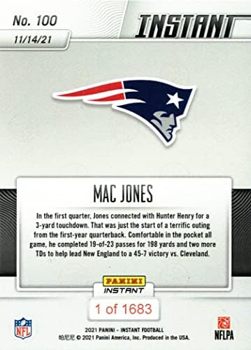 2021 Panini Instant nogomet 100 Mac Jones Rookie Card Patriots - samo 1.683 napravljeno!